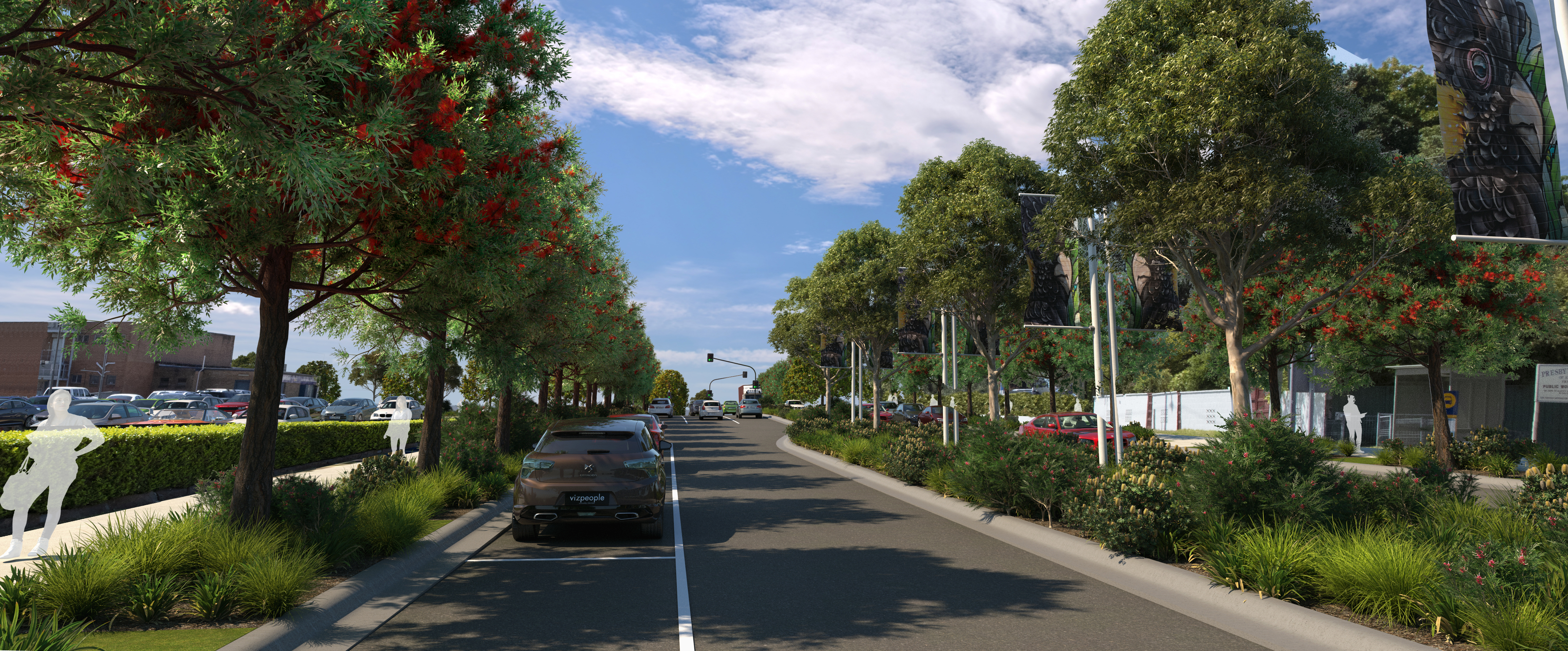 New treelined streetscape of Raymond Terrace