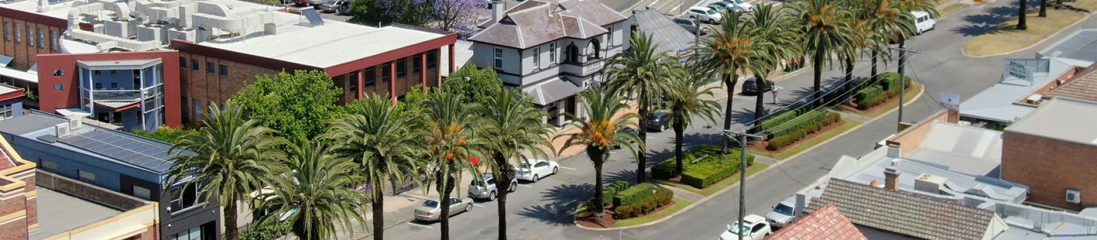 Aerial shot looking over Raymond Terrace with jacaranda trees banner image