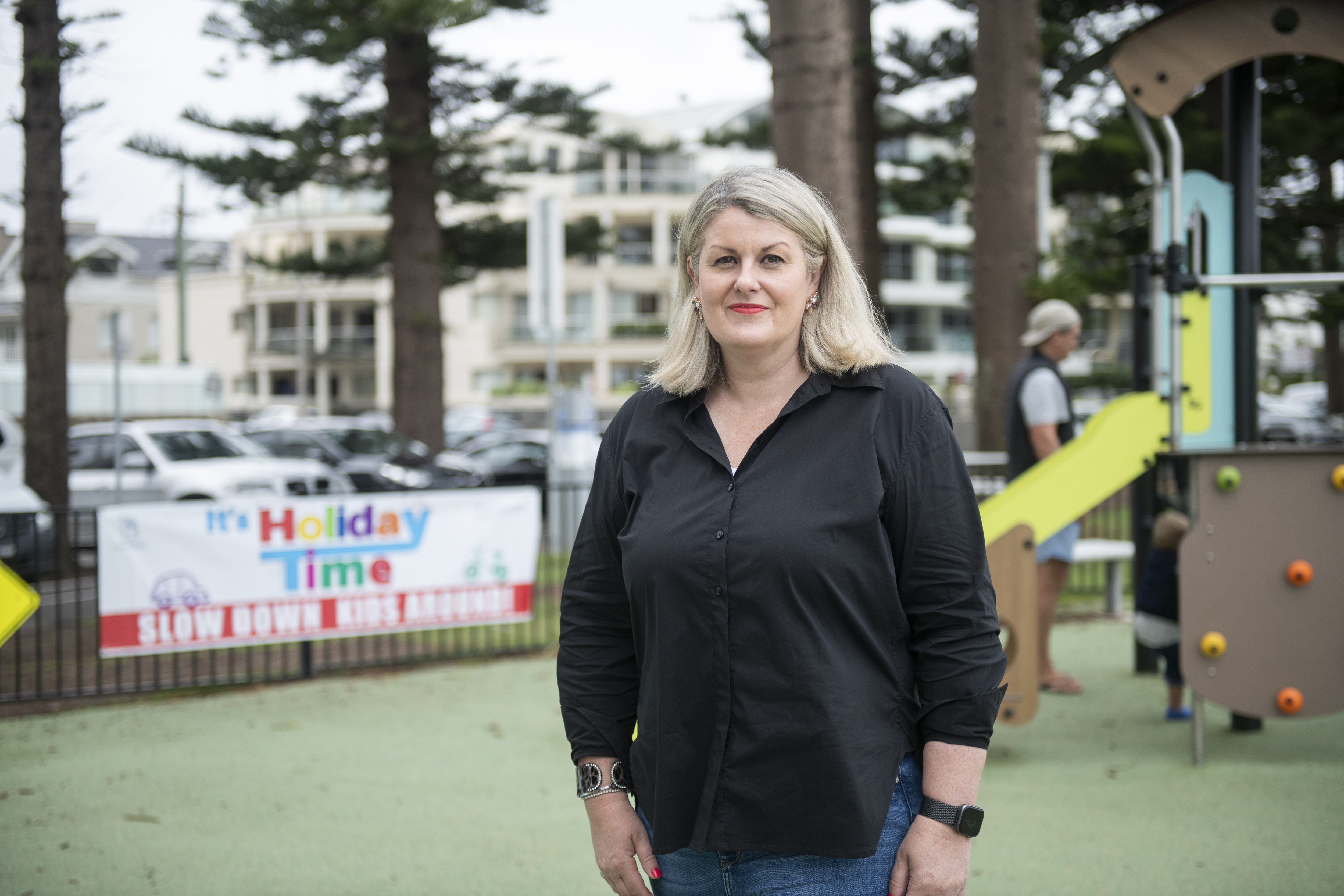 LBDF-Co-Founder-and-CEO-Michelle-McLaughlin-at-a-Manly-playground-with-LBDF-signage