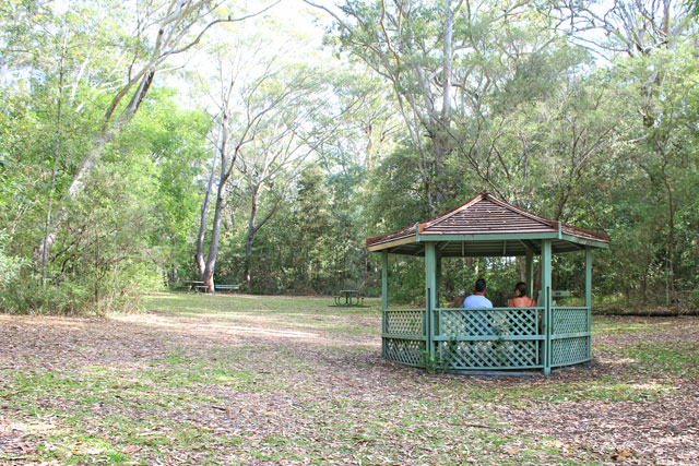 Two people sitting in the gazebo at Native Flora Garden surrounded by trees