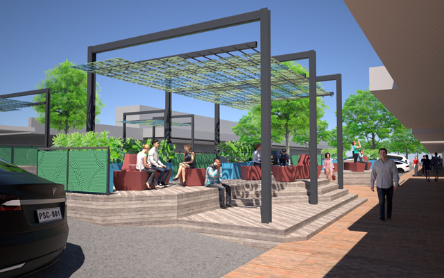 A concept of an art-inspired shade structure, timber decking and seating in William Street, Raymond Terrace