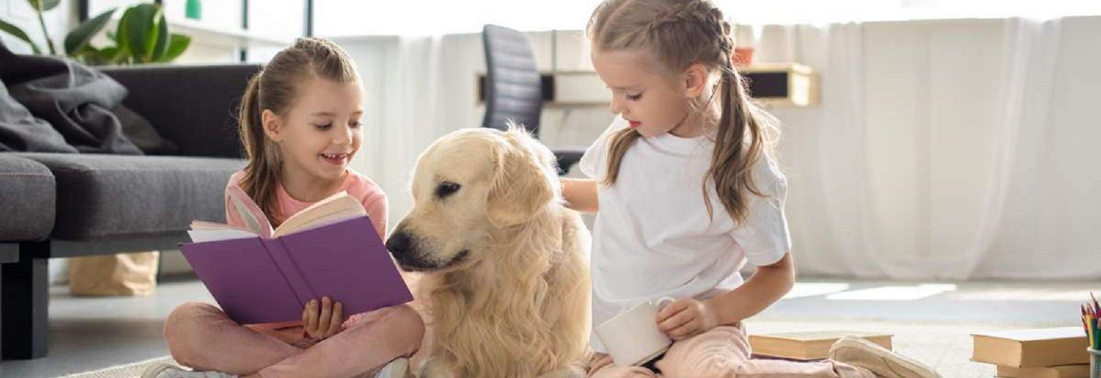 Two young girls reading a book to a therapy dog banner image