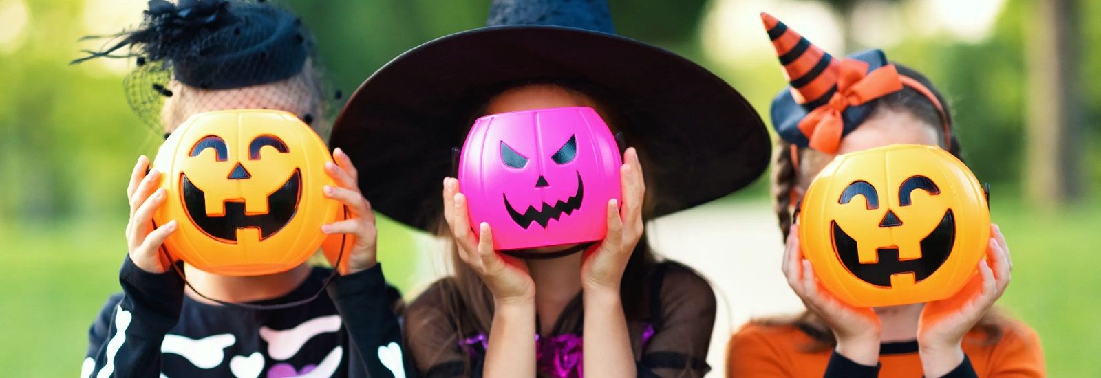 Children in halloween costumes holding pumpkins banner image