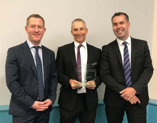 Pictured (left to right): Development Services Group Manager Mike McIntosh, General Manager Wayne Wallis and Mayor Ryan Palmer. Planning award