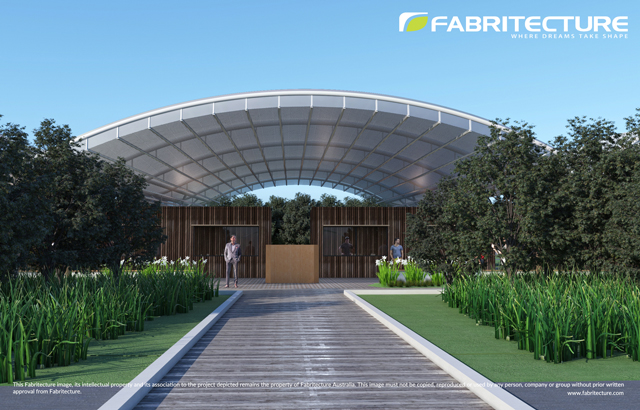 Front view concept of Birubi Information Centre - arched roof surrounded by greenery and pathway