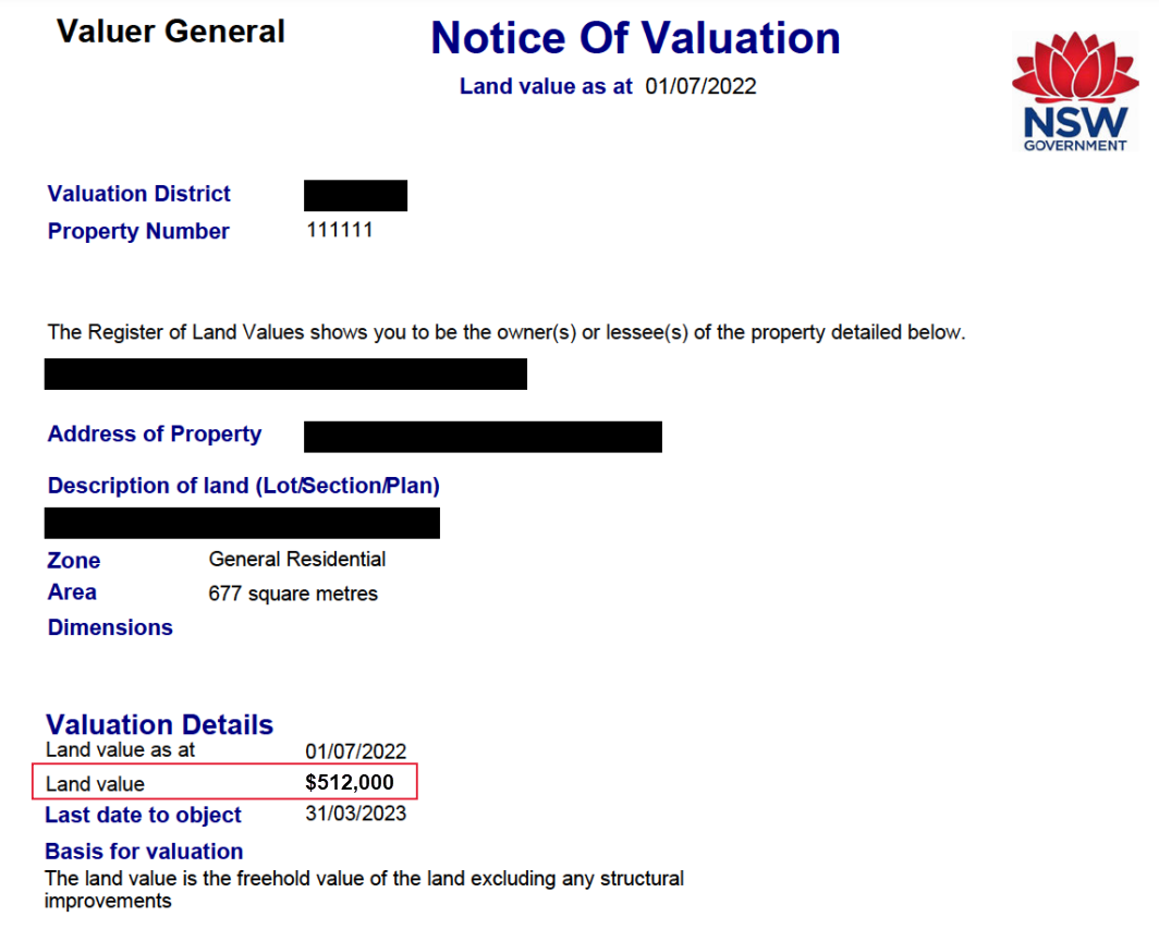 Notice of Valuation Example